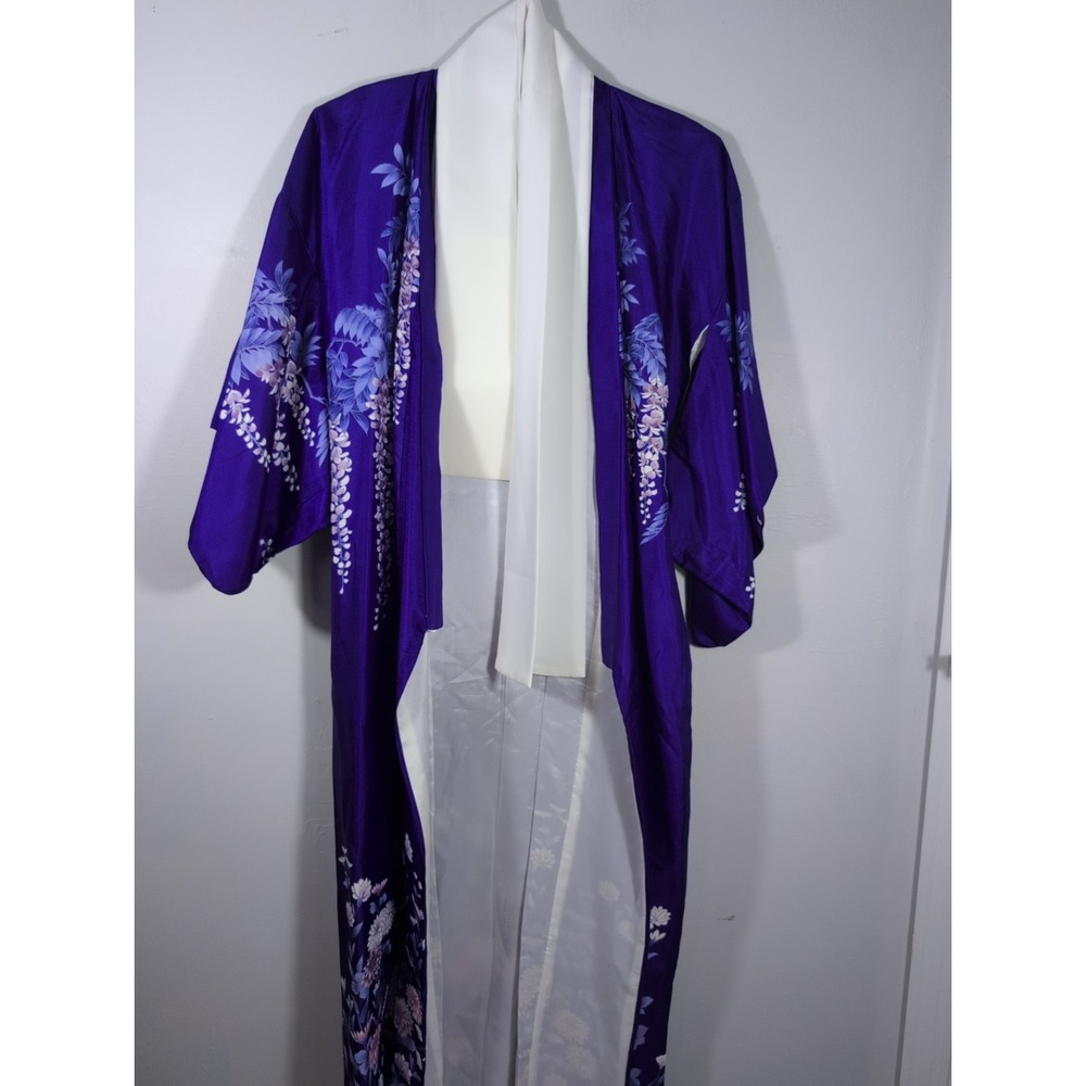100% Silk Japanese Kimono Robe Dress Flower Purple Floral Made In Japan‎